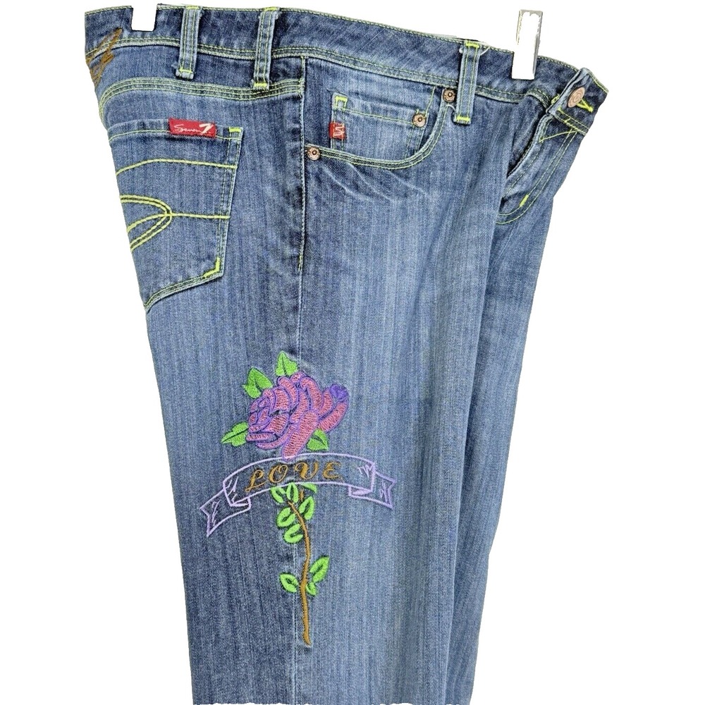 Seven7 Womens Size 29 Jeans Embroidered Floral Low Rise Bootcut Y2K Bohemian